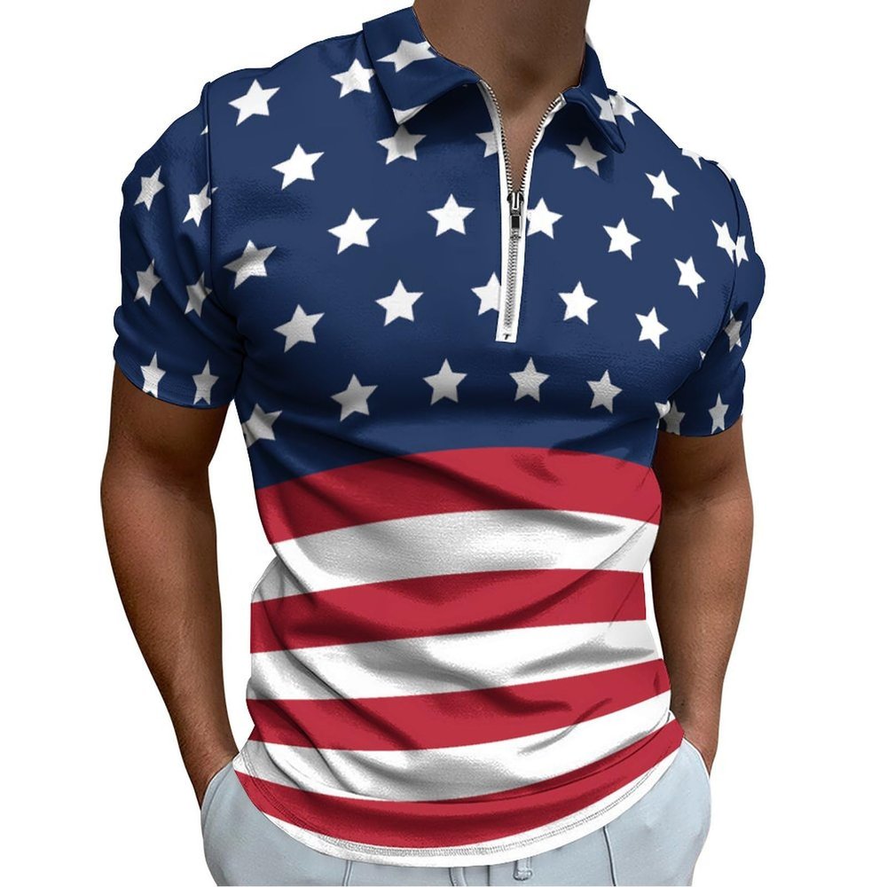 DPAINTouscap Patriotic American Flag Men's Short Sleeve Zipper Polo Shirt Casual Golf Shirts, X-Large, Style-14