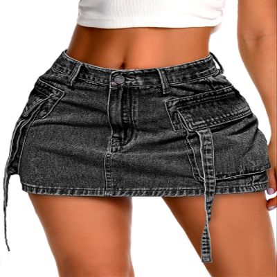 ELLEVEN Women's Cargo Skirt High Stretchy, y2k Mini Jean Skirts for Women Denim Low Waist Cute Skirt with Pocket Black Denim X-Small
