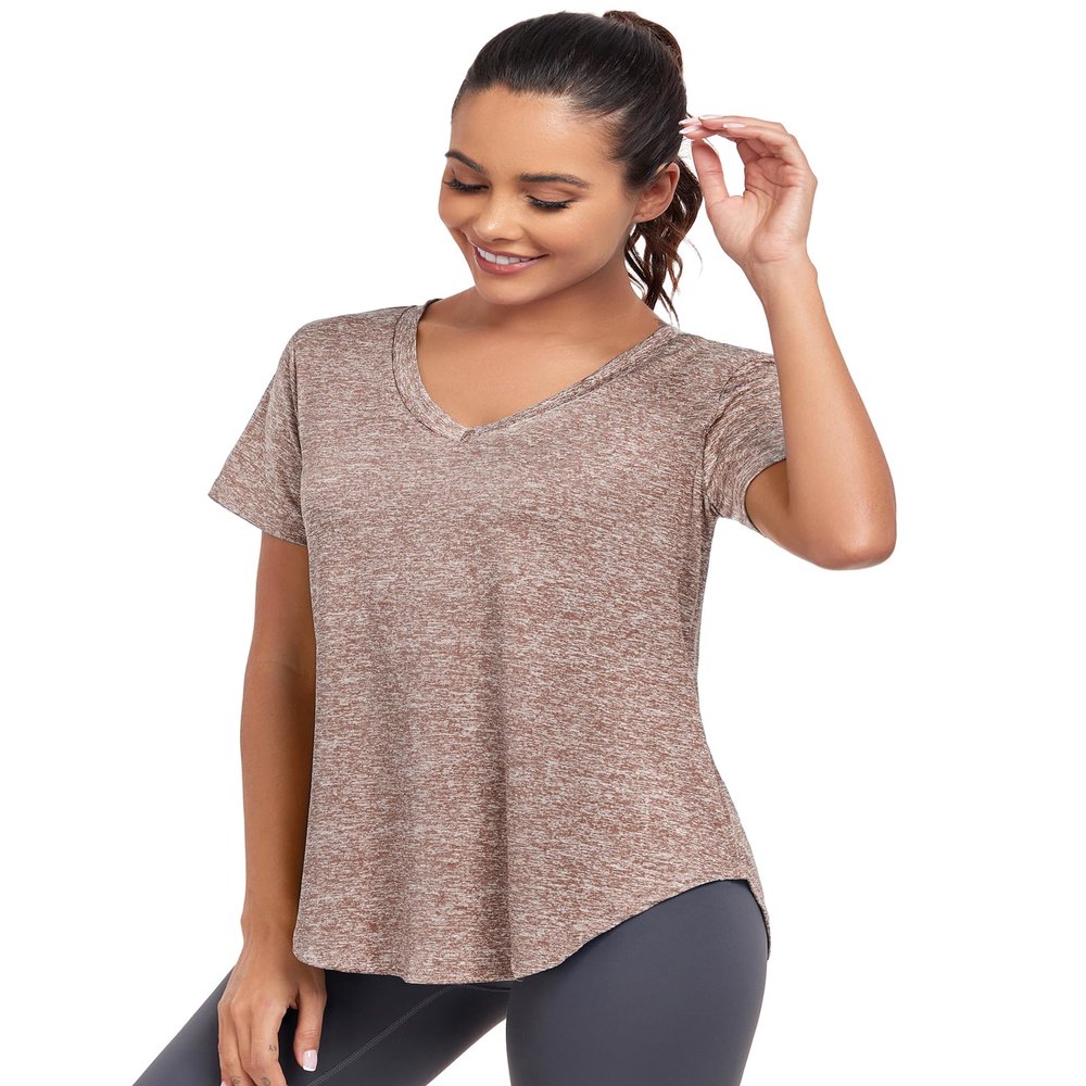 Alovien Short Sleeve Workout Shirts Women Loose Fit, V-Neck Women Exercise T-Shirt Workout Top, Dry Fit Yoga Gym Sport Tops, Brown,XXL