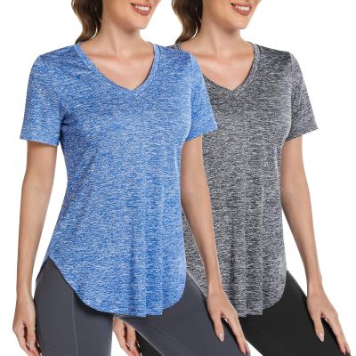 Alovien Short Sleeve Workout Shirts Women Loose Fit, V-Neck Women Exercise T-Shirt Workout Top, Dry Fit Yoga Gym Sport Tops, Grey & Blue,M