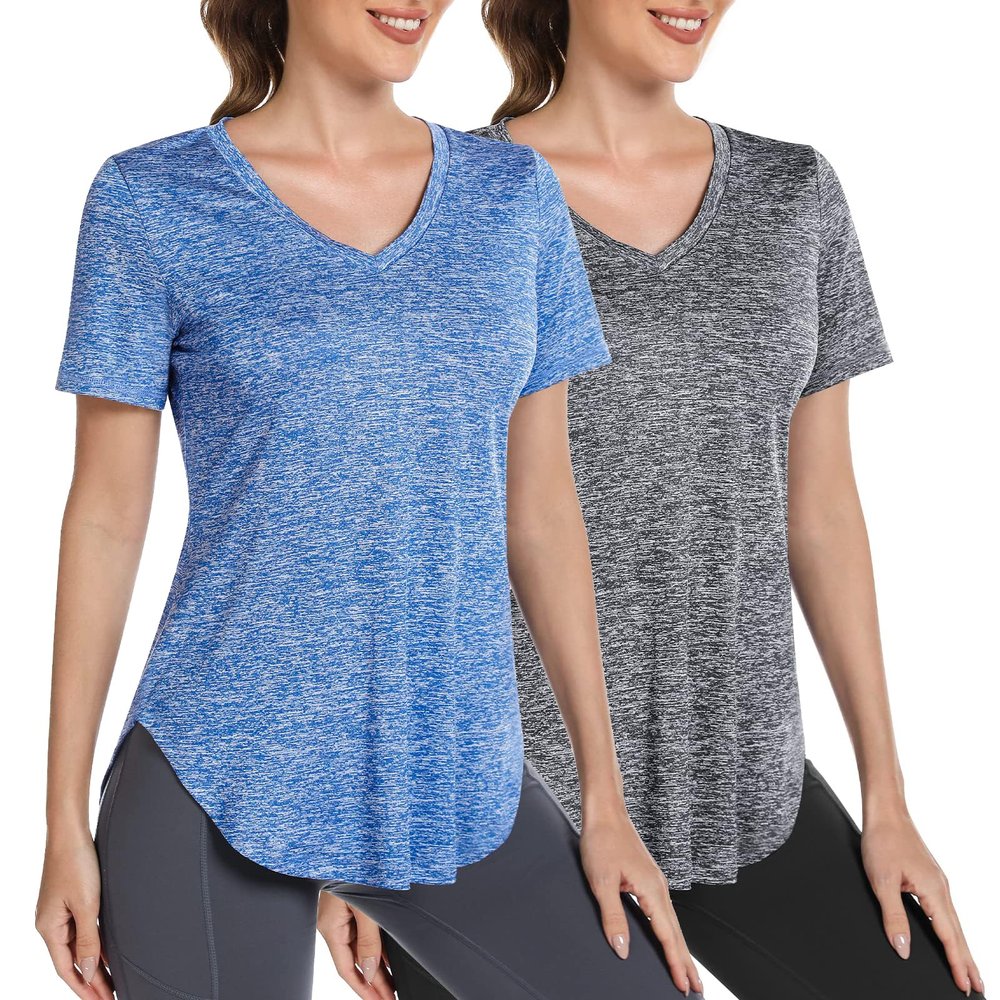 Alovien Short Sleeve Workout Shirts Women Loose Fit, V-Neck Women Exercise T-Shirt Workout Top, Dry Fit Yoga Gym Sport Tops, Grey & Blue,M