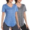 Alovien Short Sleeve Workout Shirts Women Loose Fit, V-Neck Women Exercise T-Shirt Workout Top, Dry Fit Yoga Gym Sport Tops, Grey & Blue,M view 1