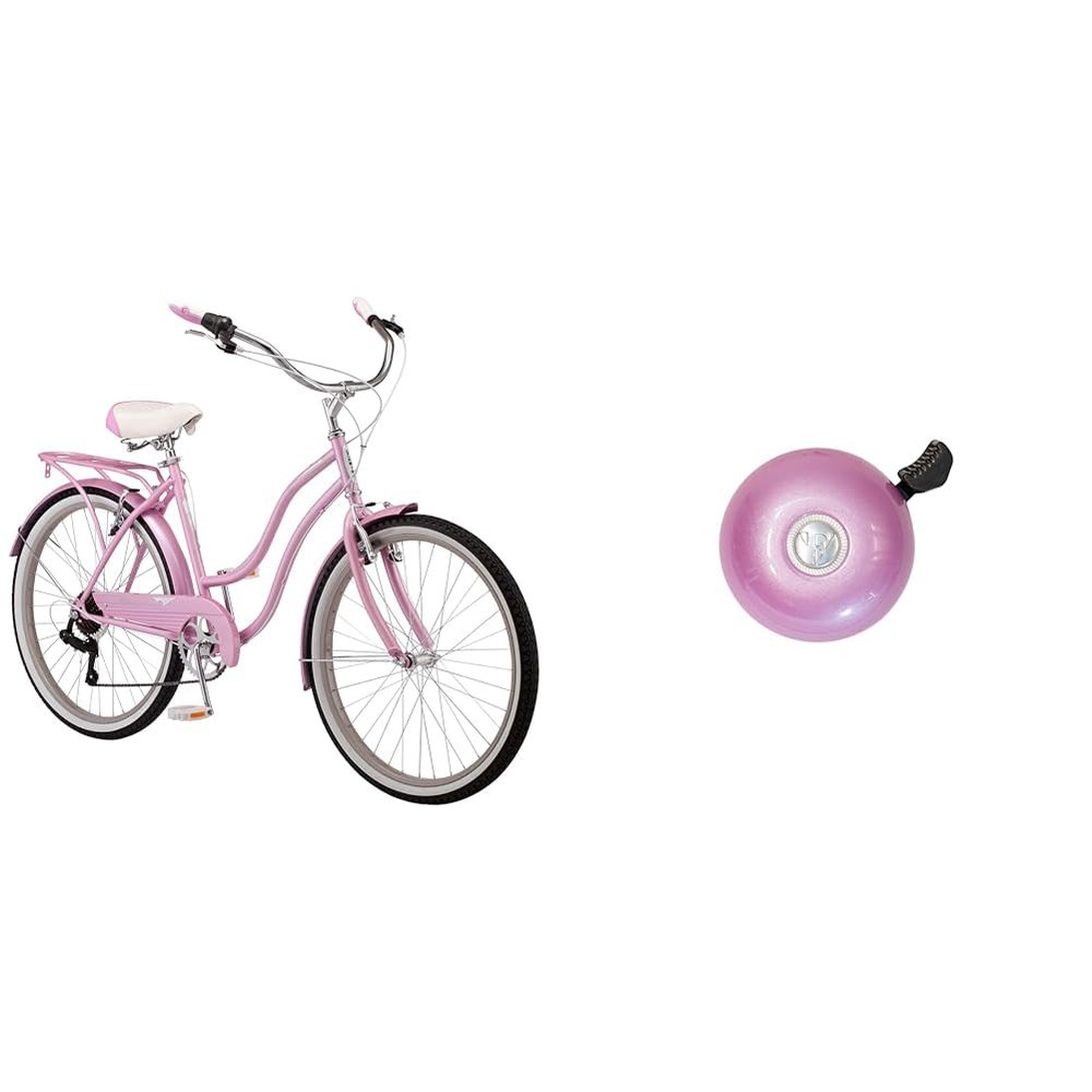 Schwinn Perla 18-Inch Step-Through Steel Frame 7-Speed Pink Cruiser Bike Bundle with Firmstrong Classic Pink Bicycle Bell