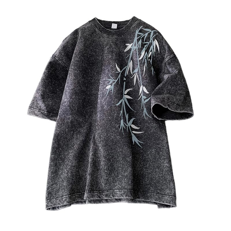 GURUNVANI Mens Washed Oversized T Shirt Graphic Short Sleeve Top Japanese Shirts, Black, X-Large