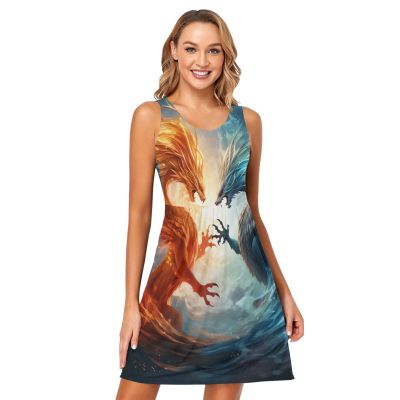 ALAZA Funny Dragon Flying Women Summer Dresses Casual Sleeveless Sundress with Pockets Tank Dress M Multicoloured