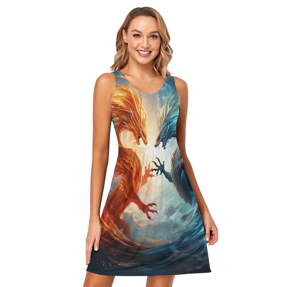 ALAZA Funny Dragon Flying Women Summer Dresses Casual Sleeveless Sundress with Pockets Tank Dress M Multicoloured