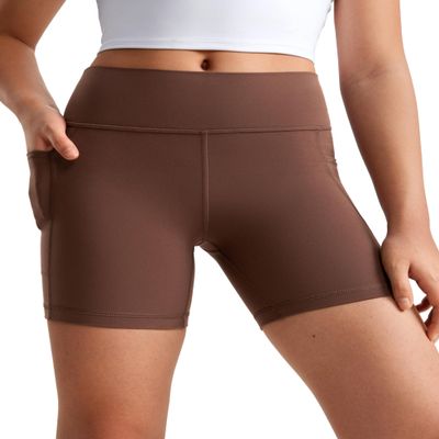 CRZ YOGA Girls Butterluxe Athletic Biker Shorts with Pockets - Dance Yoga Casual High Waist Kids Teen Summer Coffee Brown X-Large