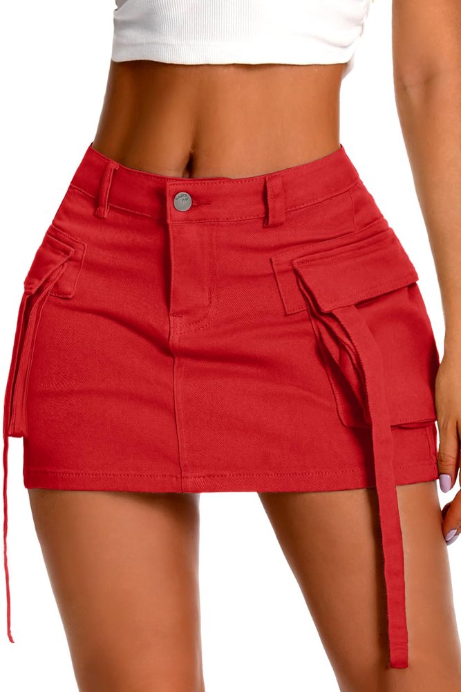 ELLEVEN Women's Cargo Skirt High Stretchy, y2k Mini Jean Skirts for Women Denim Low Waist Cute Skirt with Pocket Red Small