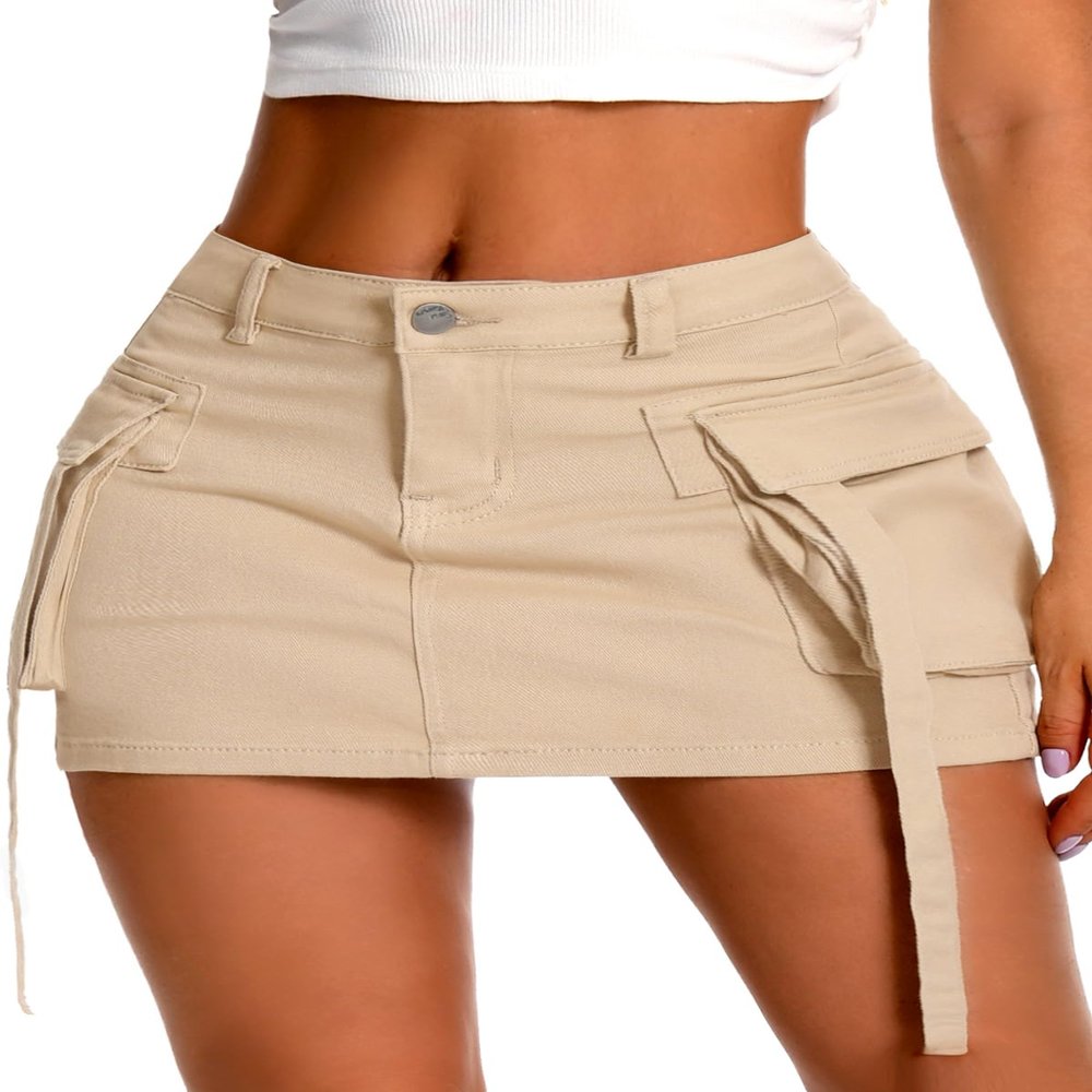 ELLEVEN Women's Cargo Skirt High Stretchy, y2k Mini Jean Skirts for Women Denim Low Waist Cute Skirt with Pocket Khaki X-Small