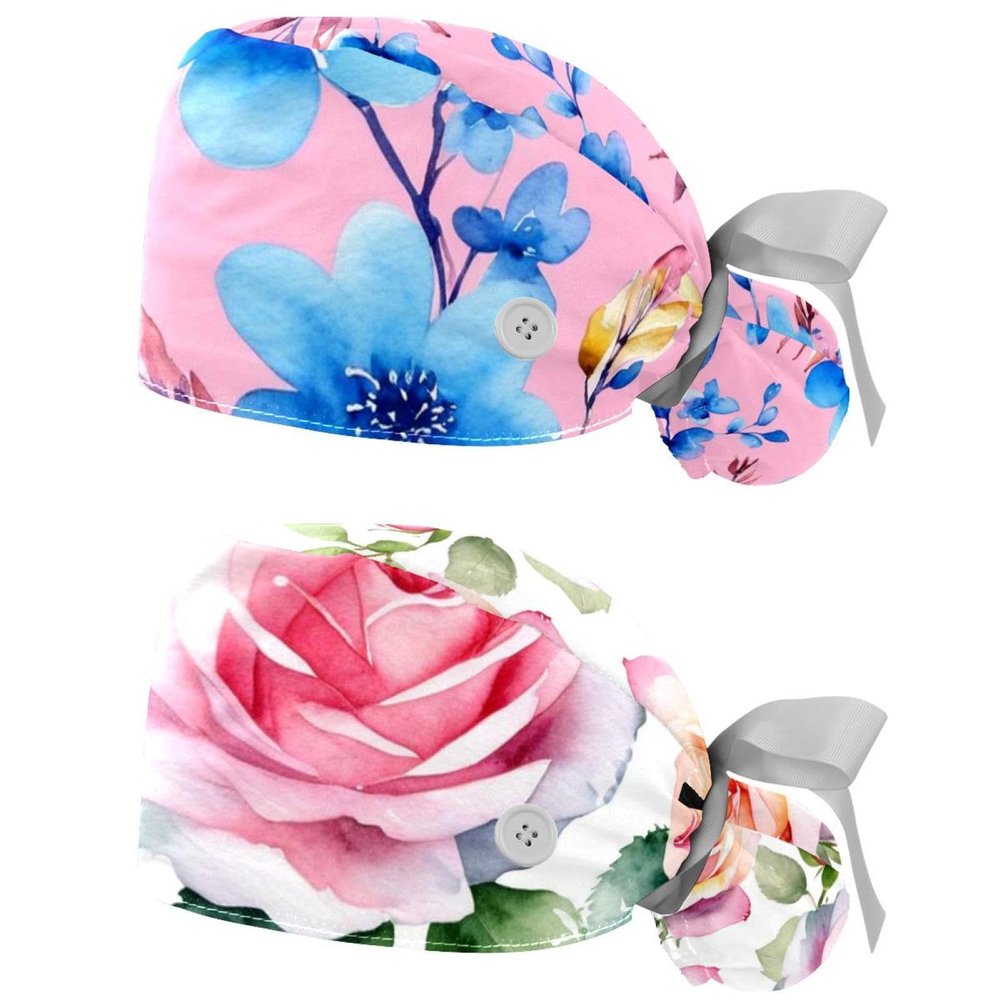 2 Packed Watercolor Flowers Leaves Scrub caps Women Scrub caps Women Satin Lined Surgical Bouffant caps for Women for Home