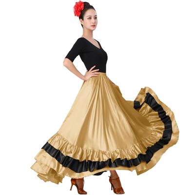Women's Gold Long Mexican Folkloric Flamenco Dance Skirt with Ruffles for Party Class Performance Full Dancing Circle (Black)