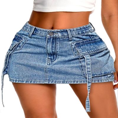 ELLEVEN Women's Cargo Skirt High Stretchy, y2k Mini Jean Skirts for Women Denim Low Waist Cute Skirt with Pocket Blue Denim X-Small