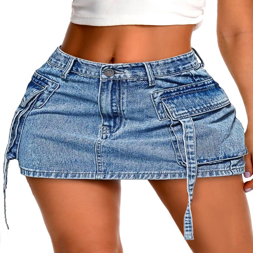 ELLEVEN Women's Cargo Skirt High Stretchy, y2k Mini Jean Skirts for Women Denim Low Waist Cute Skirt with Pocket Blue Denim X-Small