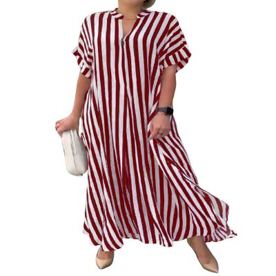 chouyatou Women's Casual Short Sleeve V Neck Striped Dresses Loose Maxi Shirt Dress with Side Slit (X-Small,Red Stripe)