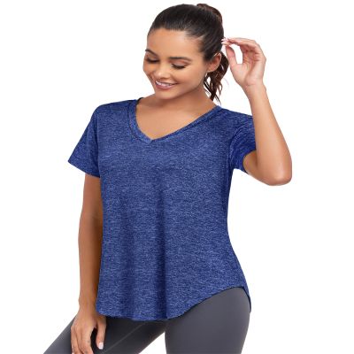 Alovien Women's Short Sleeve Workout Shirts, V Neck Sports Yoga Running Tops, Dry Fit Tops Side Split Tee, Dark Blue,3XL