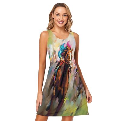 ALAZA Horse Racing Watercolor Women Summer Dresses Casual Sleeveless Sundress with Pockets Tank Dress S