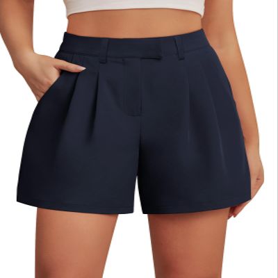 Feiersi Womens Casual Elastic Waist Wide Leg Suit Tailored Shorts Summer Dressy Work Shorts with Pockets(Navy Blue,XX-Large)