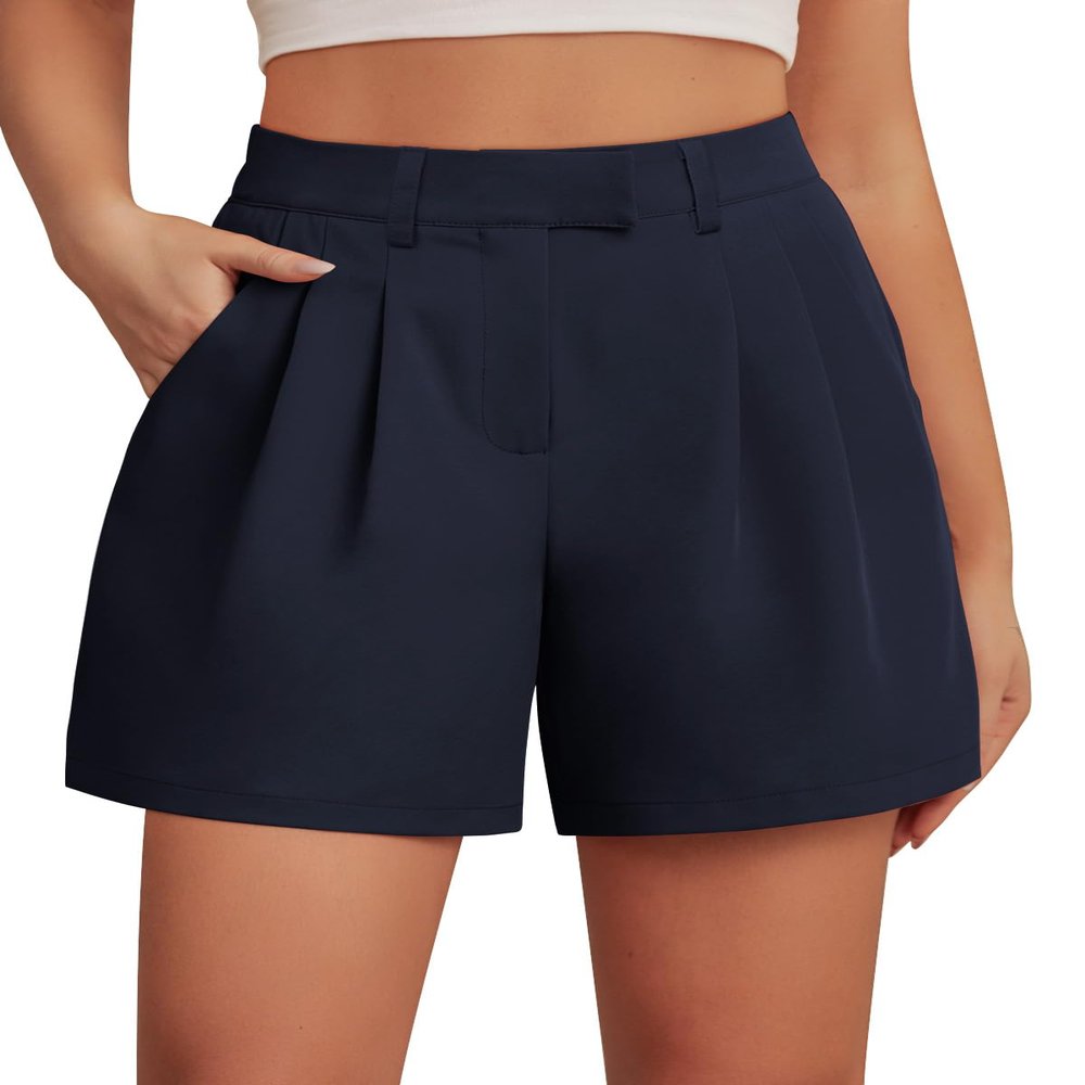 Feiersi Womens Casual Elastic Waist Wide Leg Suit Tailored Shorts Summer Dressy Work Shorts with Pockets(Navy Blue,XX-Large)