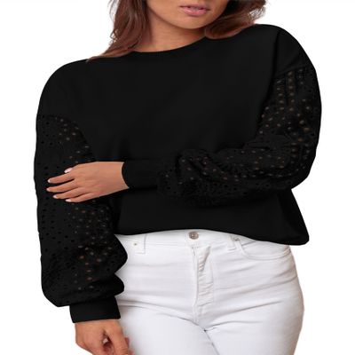 MASCOMODA Fall Fashion 2024 Blouses for Women Dressy Casual Lace Long Sleeve Tops Crewneck Eyelet Knit T Shirts Sweatshirt(Black,Medium)