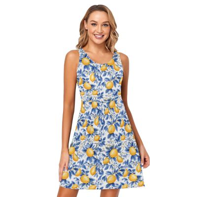 ALAZA Lemon Blue Leaves Women Summer Dresses Casual Sleeveless Sundress with Pockets Tank Dress S