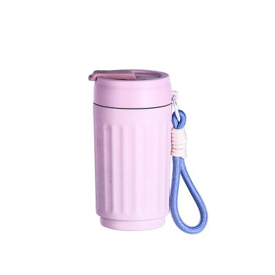 AXUYU 450ml Titanium Inner Liner Vacuum Insulated Water Bottle, Double Driking Cup Lid, Wide Mouth Water Bottle with Removable Handle Rope for Travelling Climbing Running Outdoor (Pink)