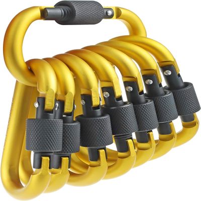 IEBUOBO 10 Pack Aluminum D Ring Key Rings Hiking Clips Locking Carabiner for Hiking Camping Fishing and Outdoor UseClips with Screw Gate Multicolored (Golde)
