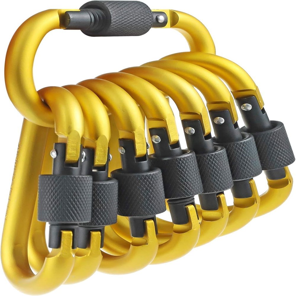 IEBUOBO 10 Pack Aluminum D Ring Key Rings Hiking Clips Locking Carabiner for Hiking Camping Fishing and Outdoor UseClips with Screw Gate Multicolored (Golde)