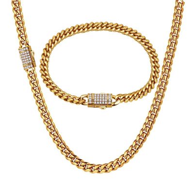 putouzip Miami Cuban Link Chain Set For Men 18K Gold Plated Stainless Steel 6/8mm Curb Bracelet Necklace Diamond Chains