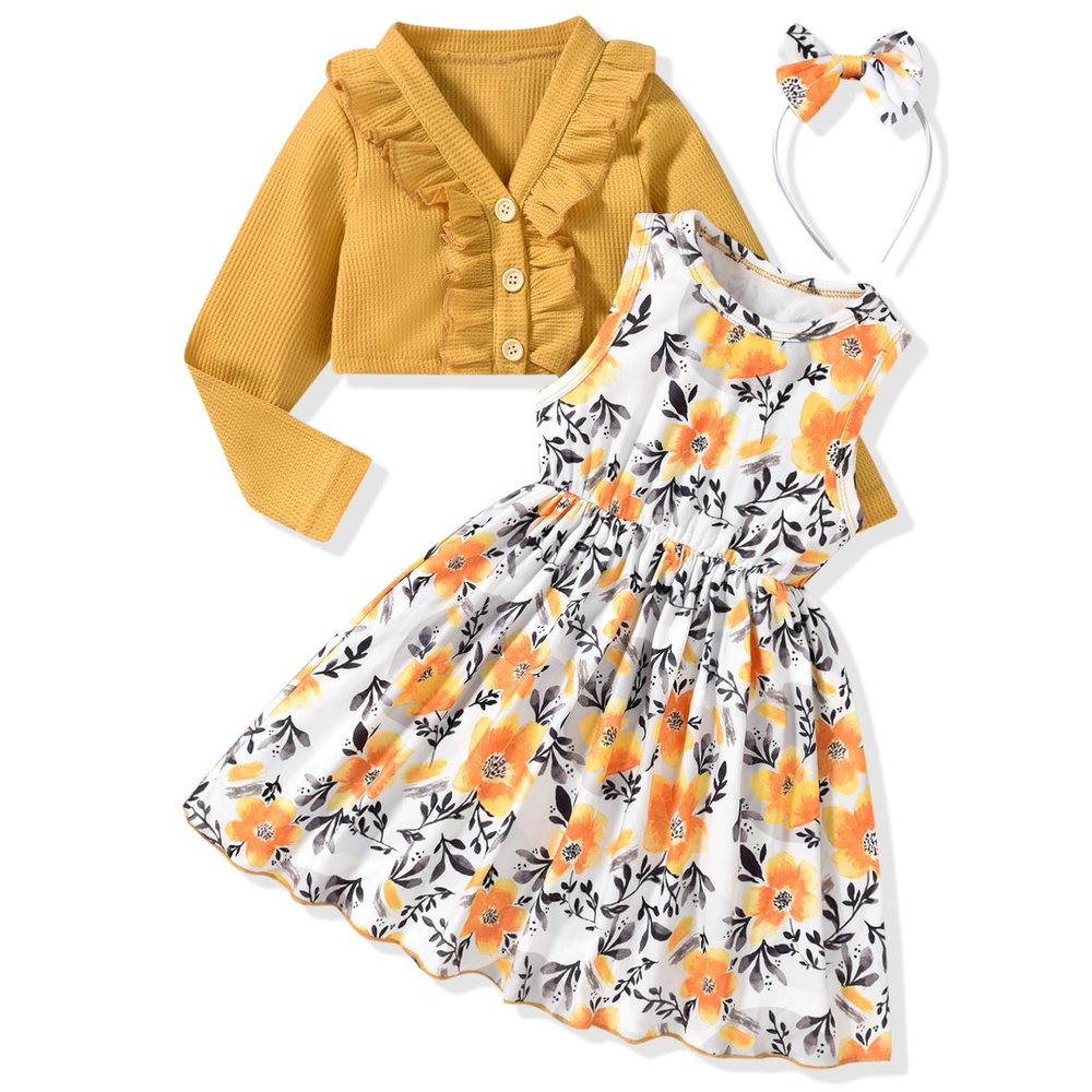 HINTINA 3T Toddler Little Girls Sleeveless Floral Print Spring Summer Dress And Long Sleeve Waffle Cardigan Set Fall Clothes Winter Outfits Yellow 3-4T Years