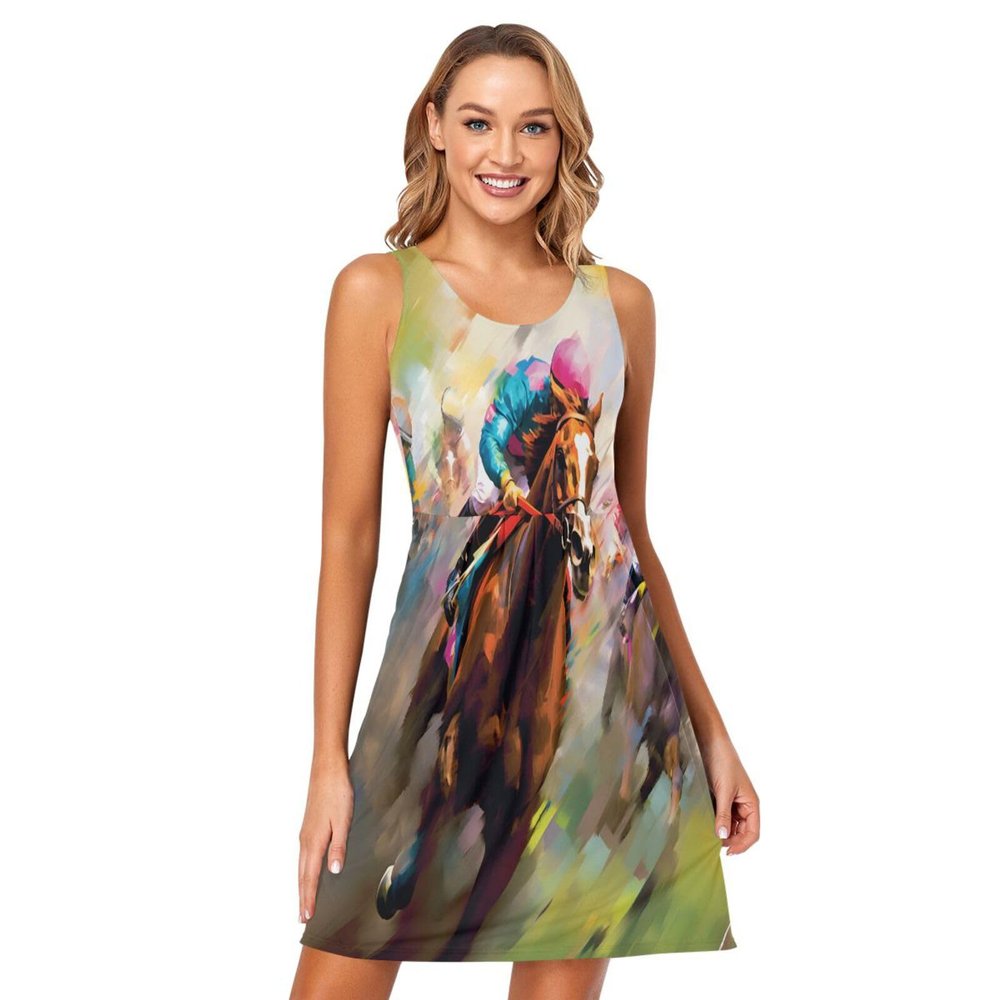 ALAZA Horse Racing Watercolor Women Summer Dresses Casual Sleeveless Sundress with Pockets Tank Dress M