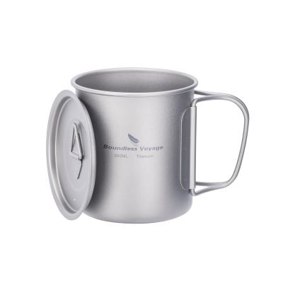iBasingo 300ml Titanium Mug with Lid Tea Coffee Water Cup Outdoor Camping Pot Ultra-light Portable Hiking Backpacking Cooking Kit Picnic Tableware Drinkware with Foldable Handle Ti3034D