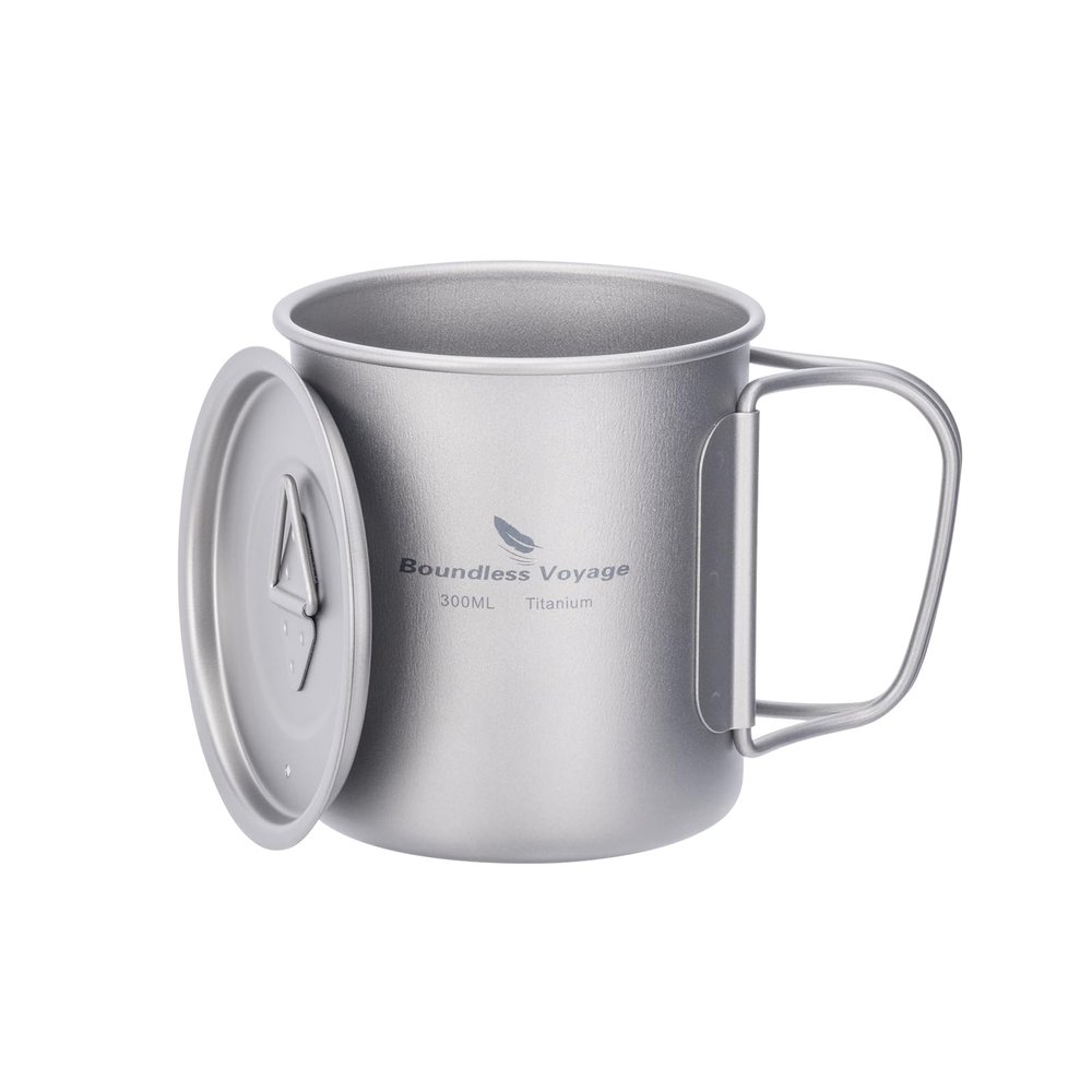 iBasingo 300ml Titanium Mug with Lid Tea Coffee Water Cup Outdoor Camping Pot Ultra-light Portable Hiking Backpacking Cooking Kit Picnic Tableware Drinkware with Foldable Handle Ti3034D