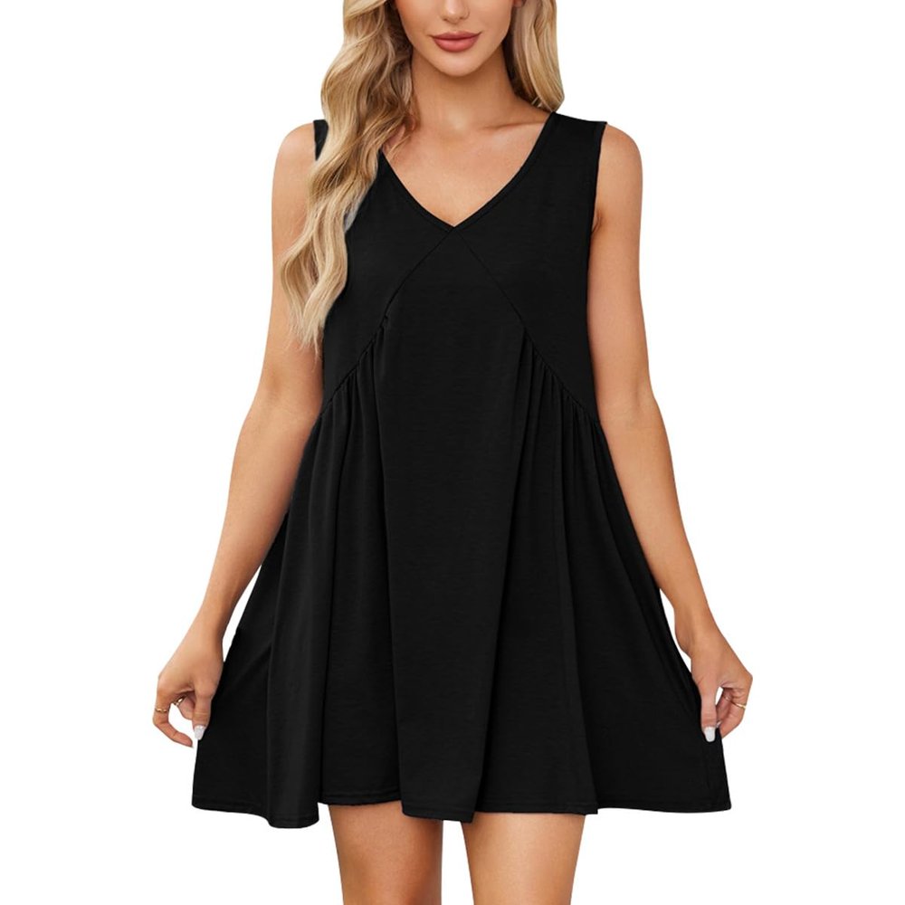 ABOCIW Summer Dresses for Women 2024 Sleeveless V Neck Mini Dress Casual Loose Babydoll Tunic Dress Beach Sundress with Pockets Black Large