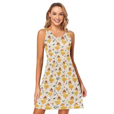 ALAZA Yellow Duck Flower Women Summer Dresses Casual Sleeveless Sundress with Pockets Tank Dress L
