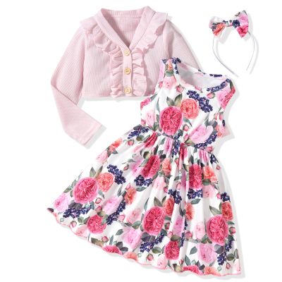18 Month Infant Baby Girl Sleeveless Floral Print Spring Summer Dress And Long Sleeve Waffle Cardigan Set Toddler Fall Clothes Winter Outfits Pink 18-24 Months