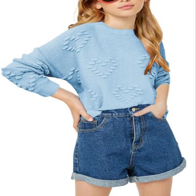 Haloumoning Girls Cute Heart Love Print Sweater Tops Oversized Crew Neck Dot Ball Knitted Valentine Pullover 5-14 Years Blue