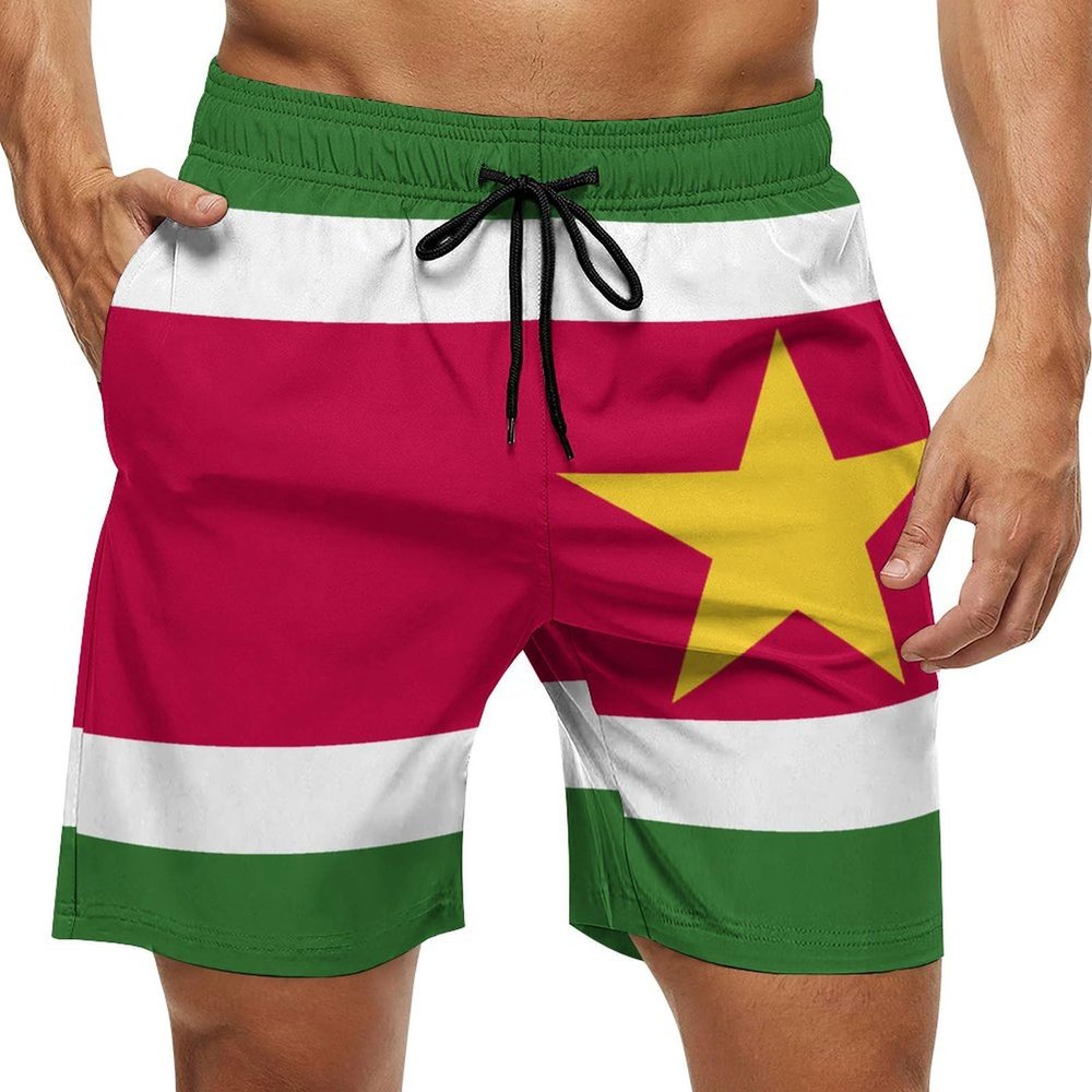 Adugen Origei Mens Swim Trunks Suriname Flag Surfing Beach Shorts with Pockets M