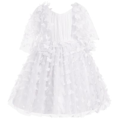 OBEEII Butterfly Dress for Girls Toddler Pageant Dress Sleeveless V Neck Ruffle 3D Butterfly Tulle Party Dress Puffy Flower Girl Dress Birthday Christmas Baptism Dress White 7-8 Years