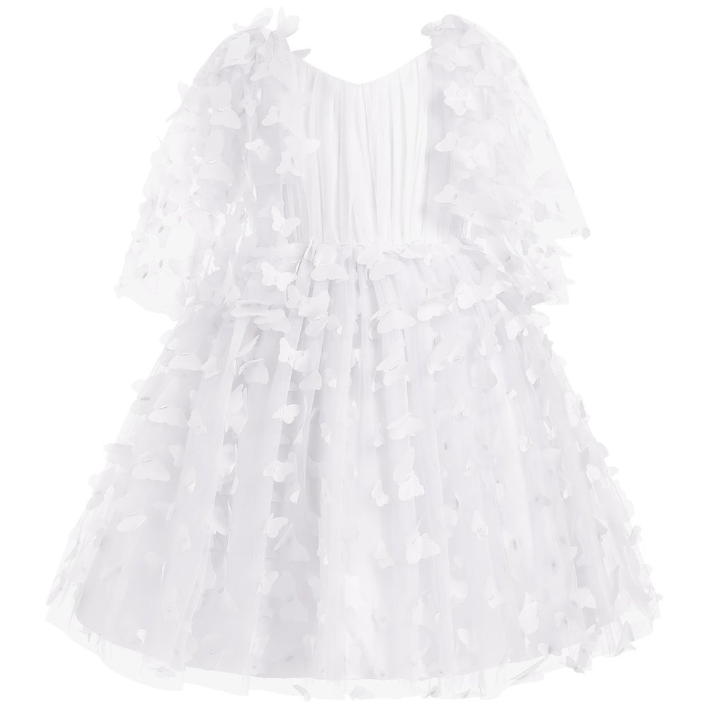 OBEEII Butterfly Dress for Girls Toddler Pageant Dress Sleeveless V Neck Ruffle 3D Butterfly Tulle Party Dress Puffy Flower Girl Dress Birthday Christmas Baptism Dress White 7-8 Years