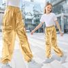 Rolanko Girls Shiny Metallic Cargo Pants, Sparkle Jogger Pants for Girls Hip Hop Dance Streetwear Cargo Trousers (Golden, 6-7) view 2