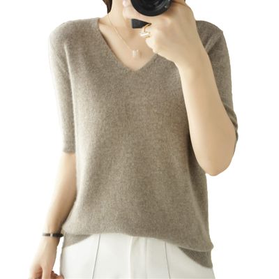 Generic Womens Short Sleeve Sweater Tops Cable Knit Casual V Neck Pullover Shirts Lightweight Soft Ribbed Knit Sweater Blouse (Medium,Khaki)
