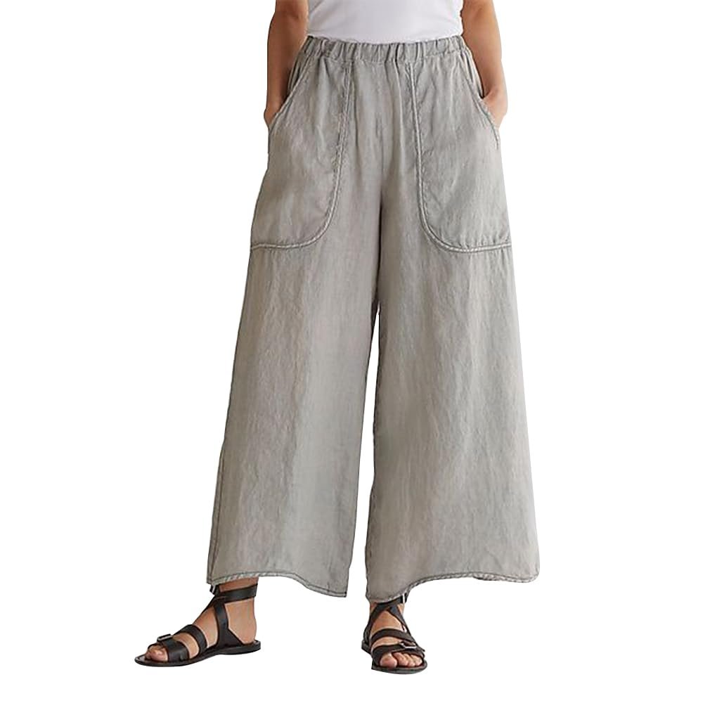 Spatofa Womens Cotton Linen Pants Dressy Summer Wide Leg Comfy Loose Palazzo Trousers with 2 Side Pockets Light Grey X-Large