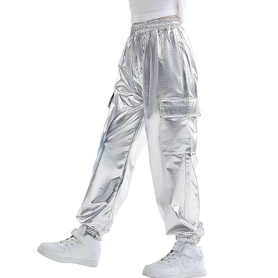 Rolanko Girls Shiny Metallic Cargo Pants, Sparkle Jogger Pants for Girls Hip Hop Dance Streetwear Cargo Trousers (Silver, 12-14)
