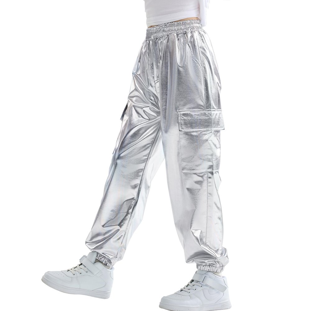 Rolanko Girls Shiny Metallic Cargo Pants, Sparkle Jogger Pants for Girls Hip Hop Dance Streetwear Cargo Trousers (Silver, 12-14)