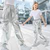 Rolanko Girls Shiny Metallic Cargo Pants, Sparkle Jogger Pants for Girls Hip Hop Dance Streetwear Cargo Trousers (Silver, 12-14) view 2