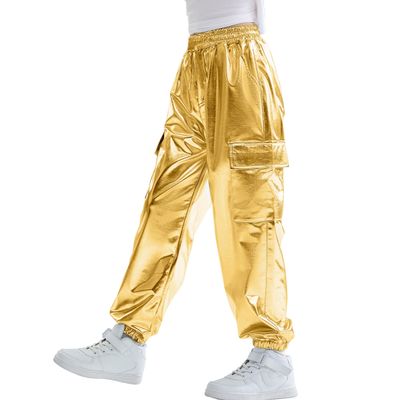 Rolanko Girls Shiny Metallic Cargo Pants, Sparkle Jogger Pants for Girls Hip Hop Dance Streetwear Cargo Trousers (Golden, 8-10)