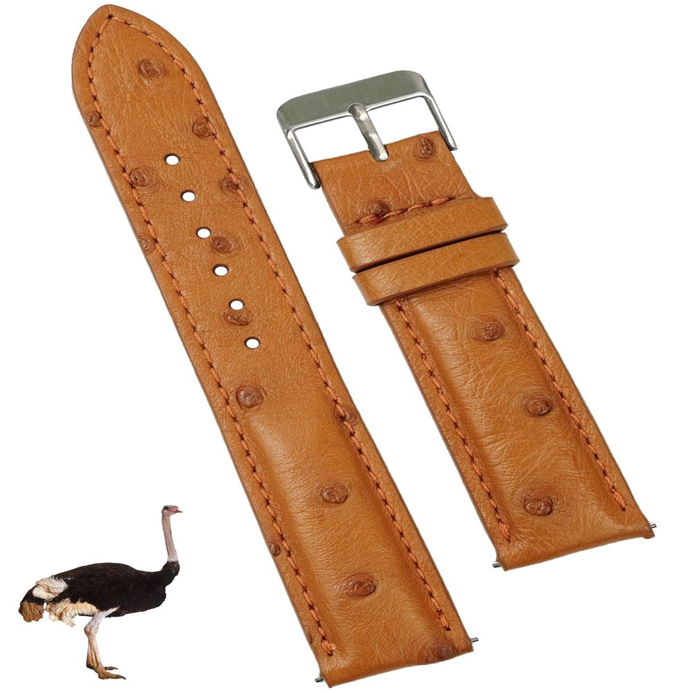 21mm Tan Ostrich Watch Band Men Quick Release Exotic Leather Watch Strap Vintage Replacement Wristband Extra Soft Elegant Leather Strap Silver Buckle Valentine's Gift For Him Her DH-182-21MM