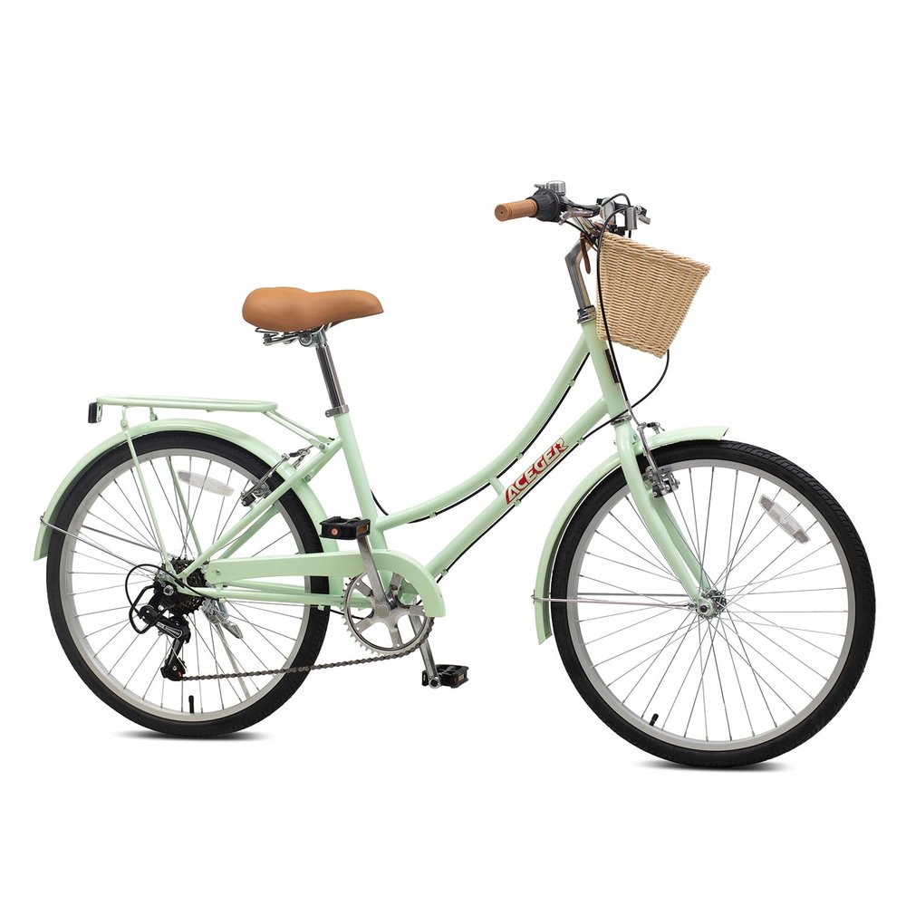ACEGER 24 Inch 7 Speed Girls Bike, Kids Bicycle for 10+ Years Old, Included Dual V Brakes, Having Rattan Basket and Rear Seat Rack, Green