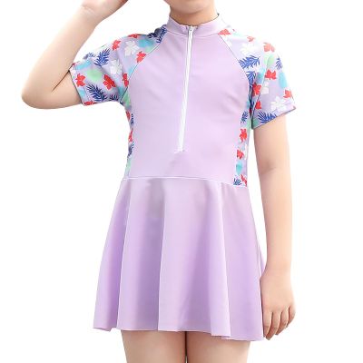 OBEEII Toddler Girls One Piece Swimsuit Short Sleeve Swim Dress for Girls Skirted Zip Front Swimwear with Boyshorts Rash Guard Modest Bathing Suit for Teens Purple-Maple Leaves 3-4 T