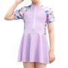 OBEEII Toddler Girls One Piece Swimsuit Short Sleeve Swim Dress for Girls Skirted Zip Front Swimwear with Boyshorts Rash Guard Modest Bathing Suit for Teens Purple-Maple Leaves 3-4 T view 1
